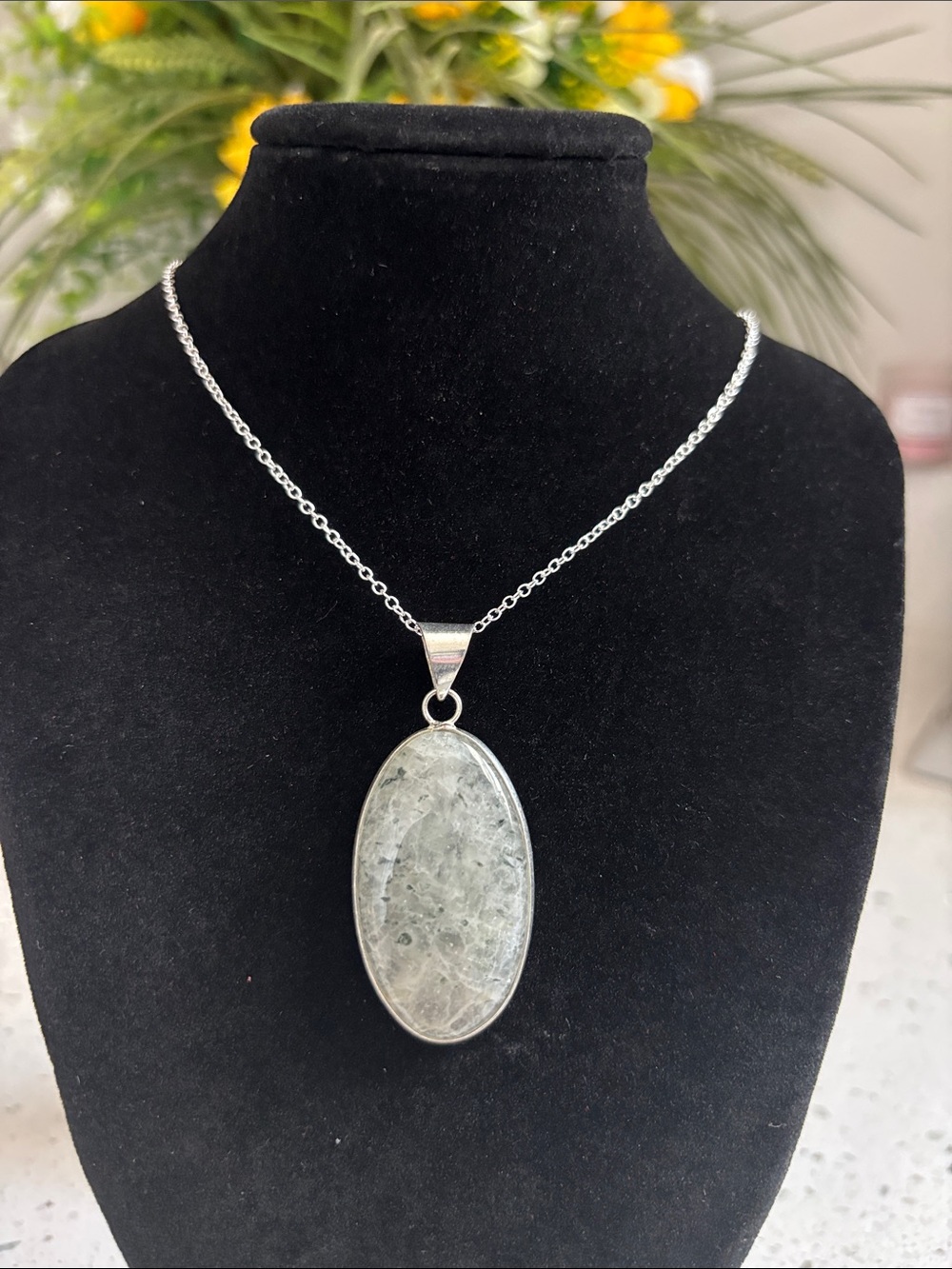 Sterling Silver Moss Agate Gemstone Pendant Necklace